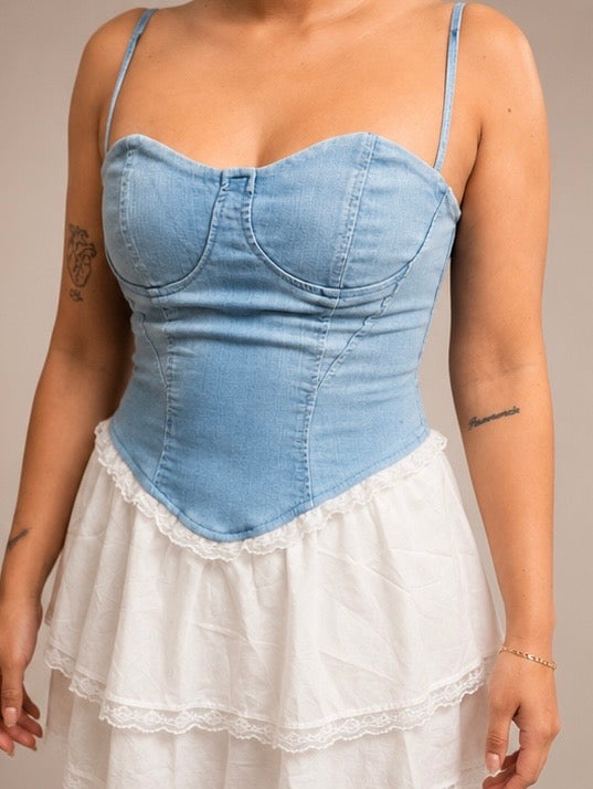 Denim Corset Tulle Mini Dress