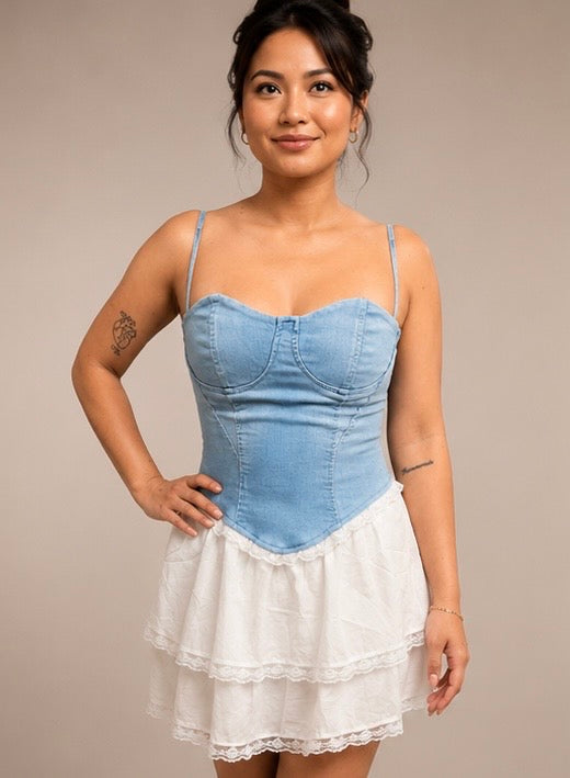 Denim Corset Tulle Mini Dress