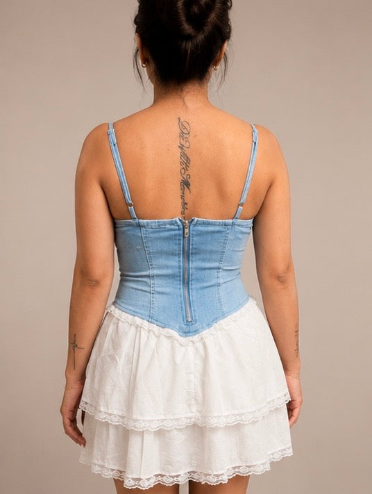 Denim Corset Tulle Mini Dress