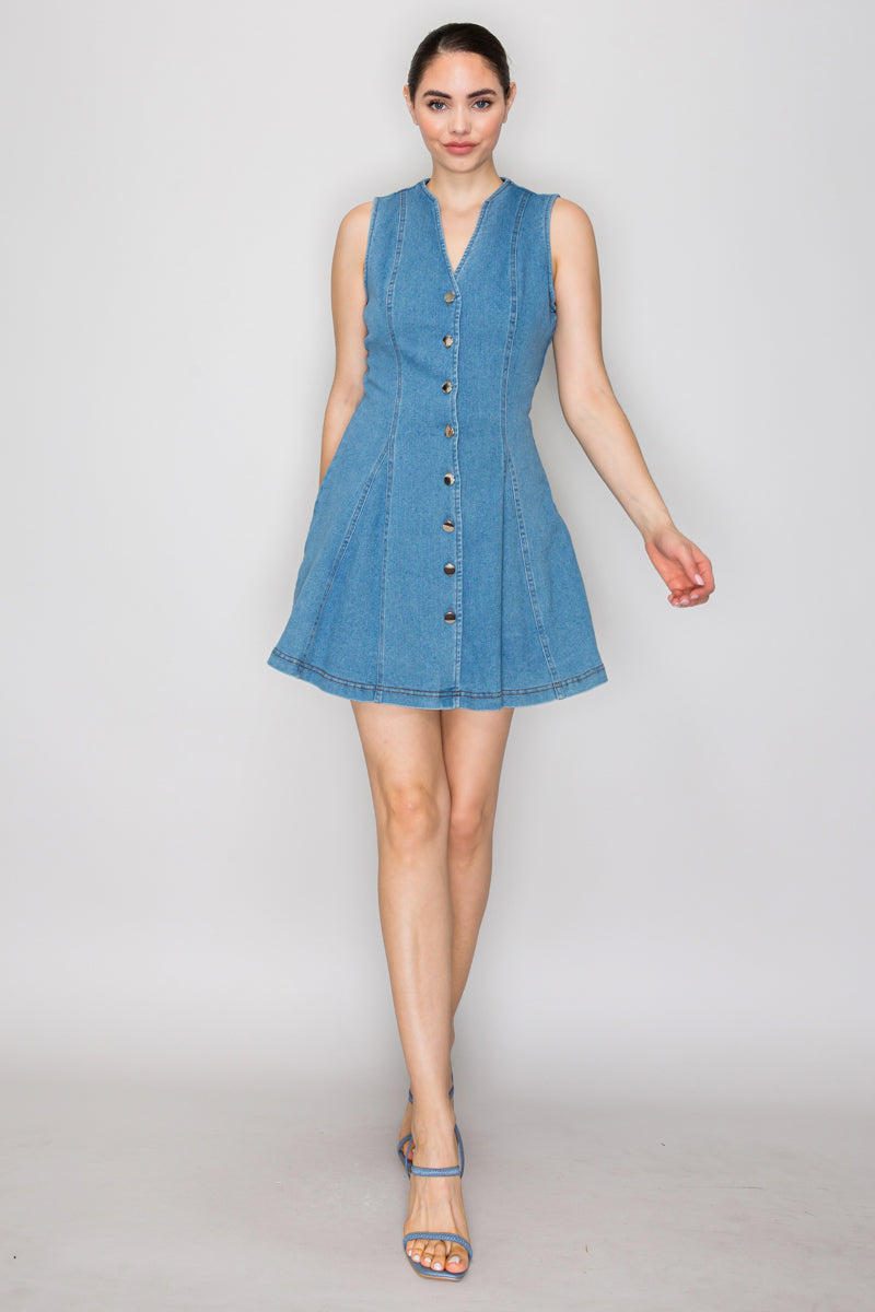 Button-Front Denim Fit & Flare Mini Dress
