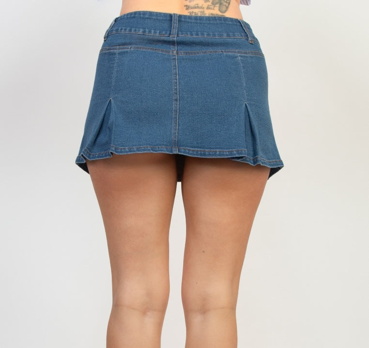 Box Pleated Denim Double Button Cargo Pocket Skirt
